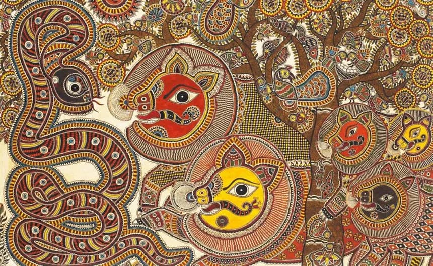 A traditional Mithila painting of fish, lotus and divine figures